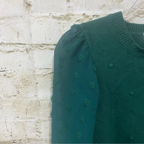 Entro Green Pom Embroidered Sheer Sleeev Soft Sweater - Picture 2 of 5